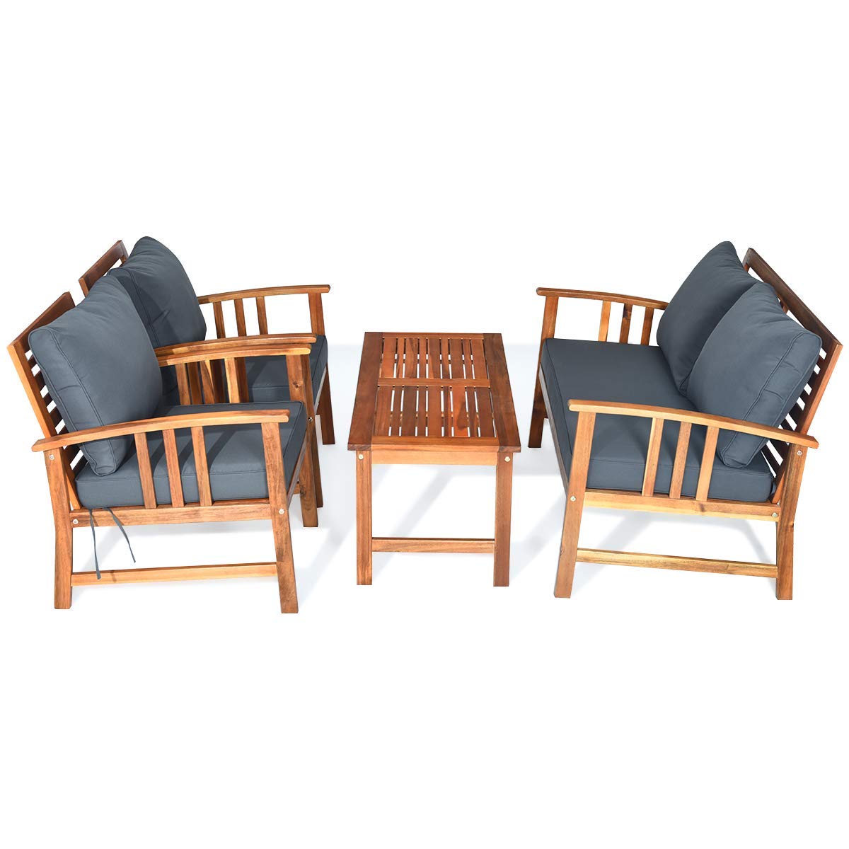 Ensemble de mobilier de jardin Tangkula 4 pièces en bois d'acacia, salon de jardin extérieur avec coussins gris et oreillers de dossier